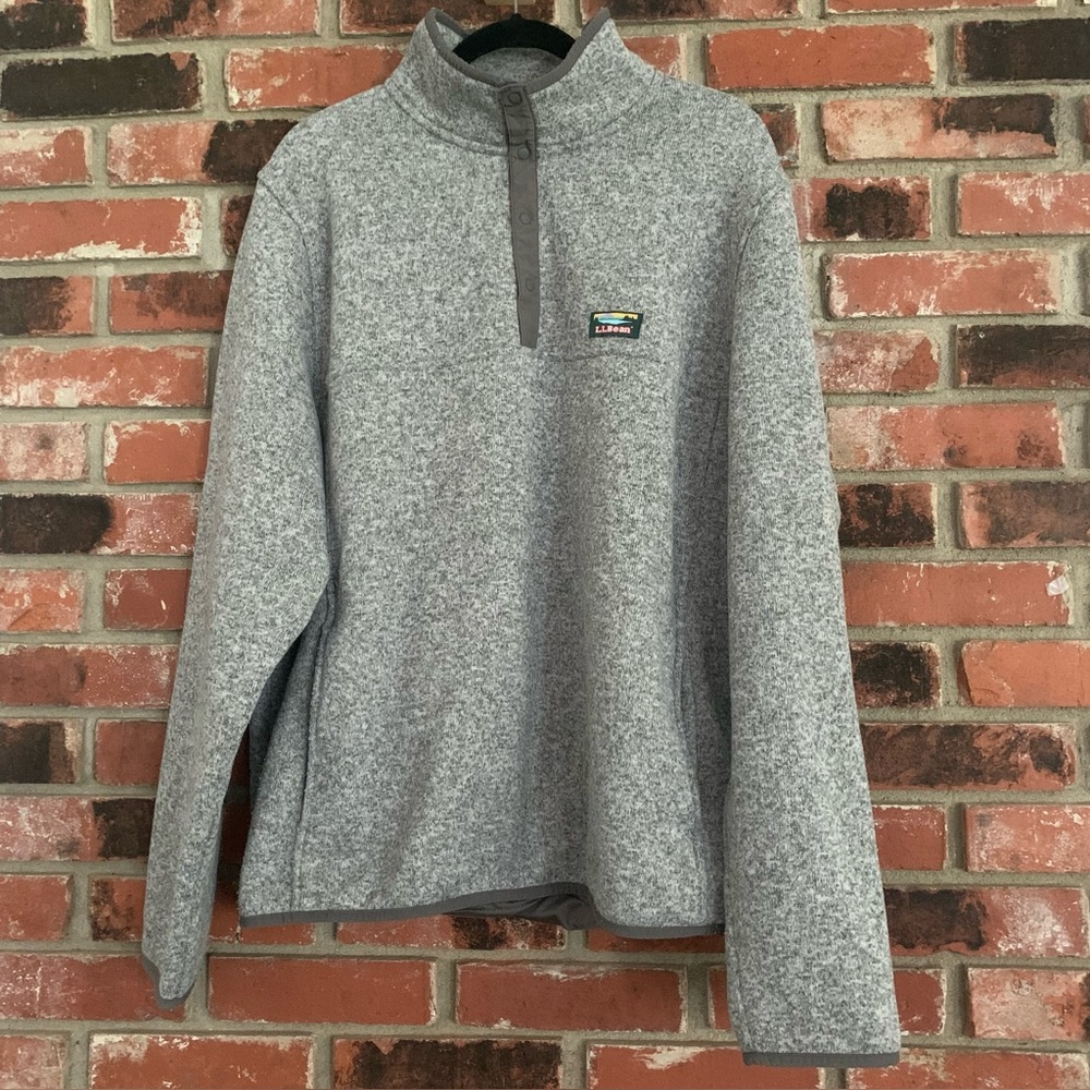 LL Bean Mens Gray Snap Collar Kangaroo Pocket Fleece Lined Pullover Sz XL